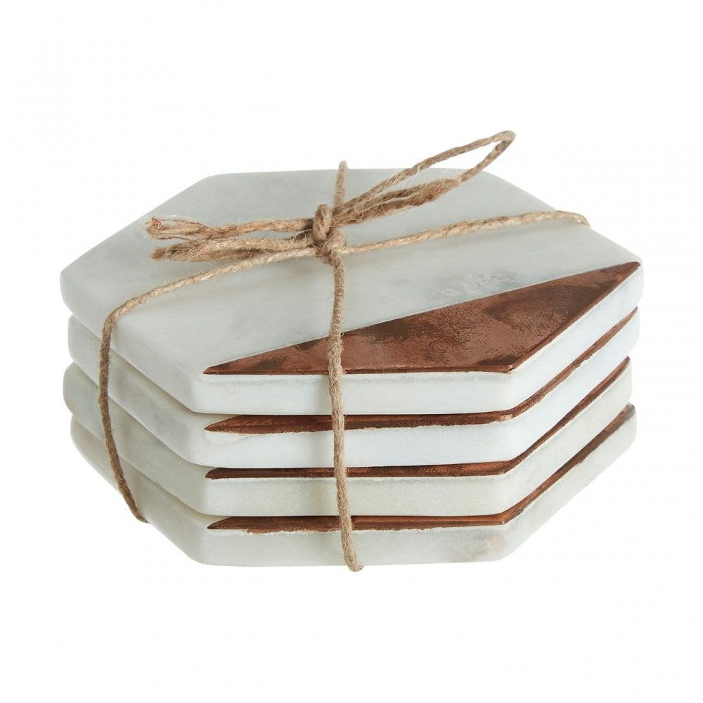 Set Of 4 White Marble / Copper Inlay Coasters