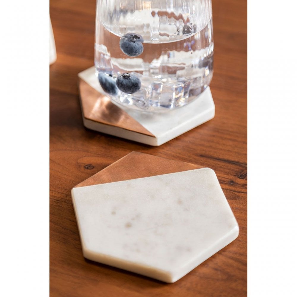 Set Of 4 White Marble / Copper Inlay Coasters