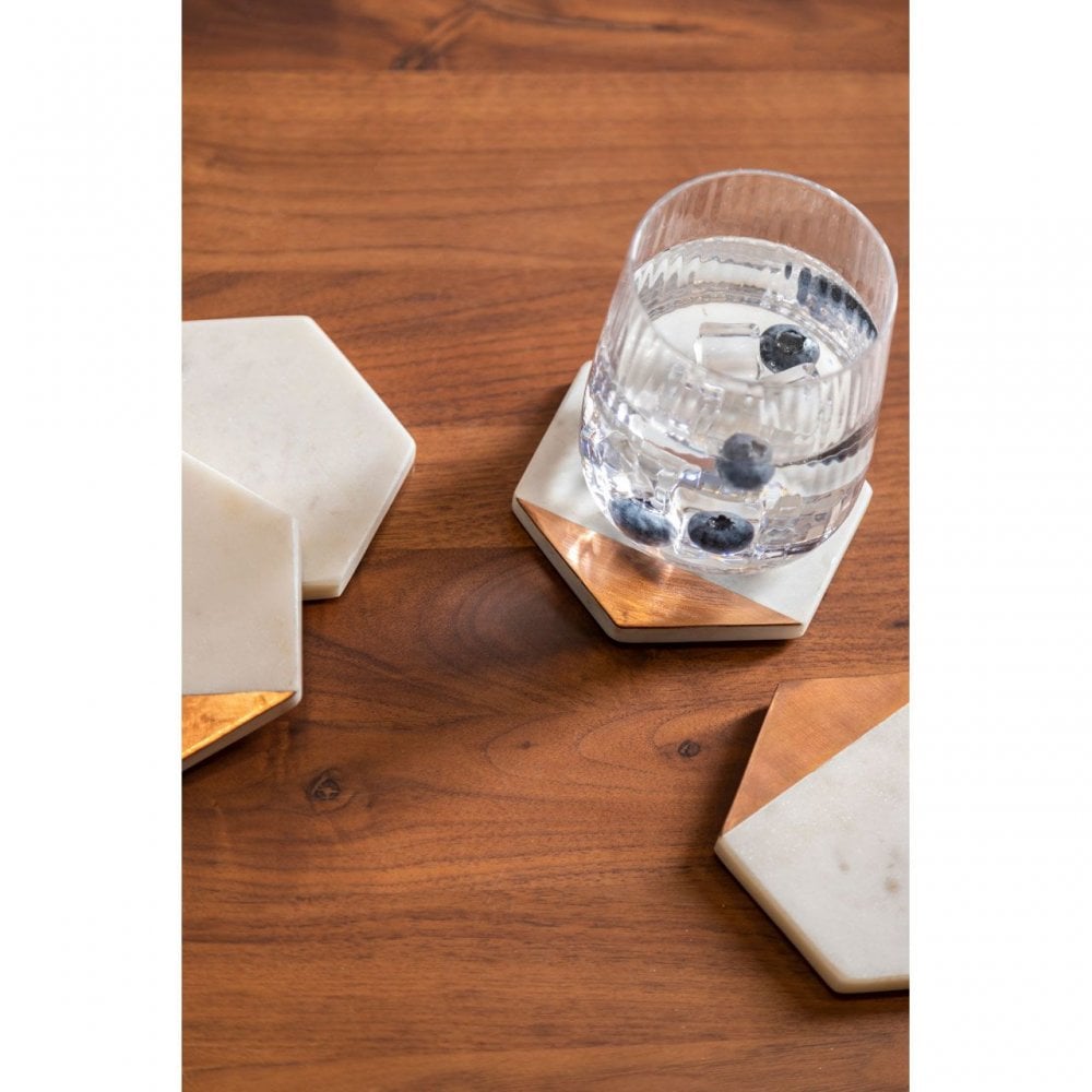Set Of 4 White Marble / Copper Inlay Coasters