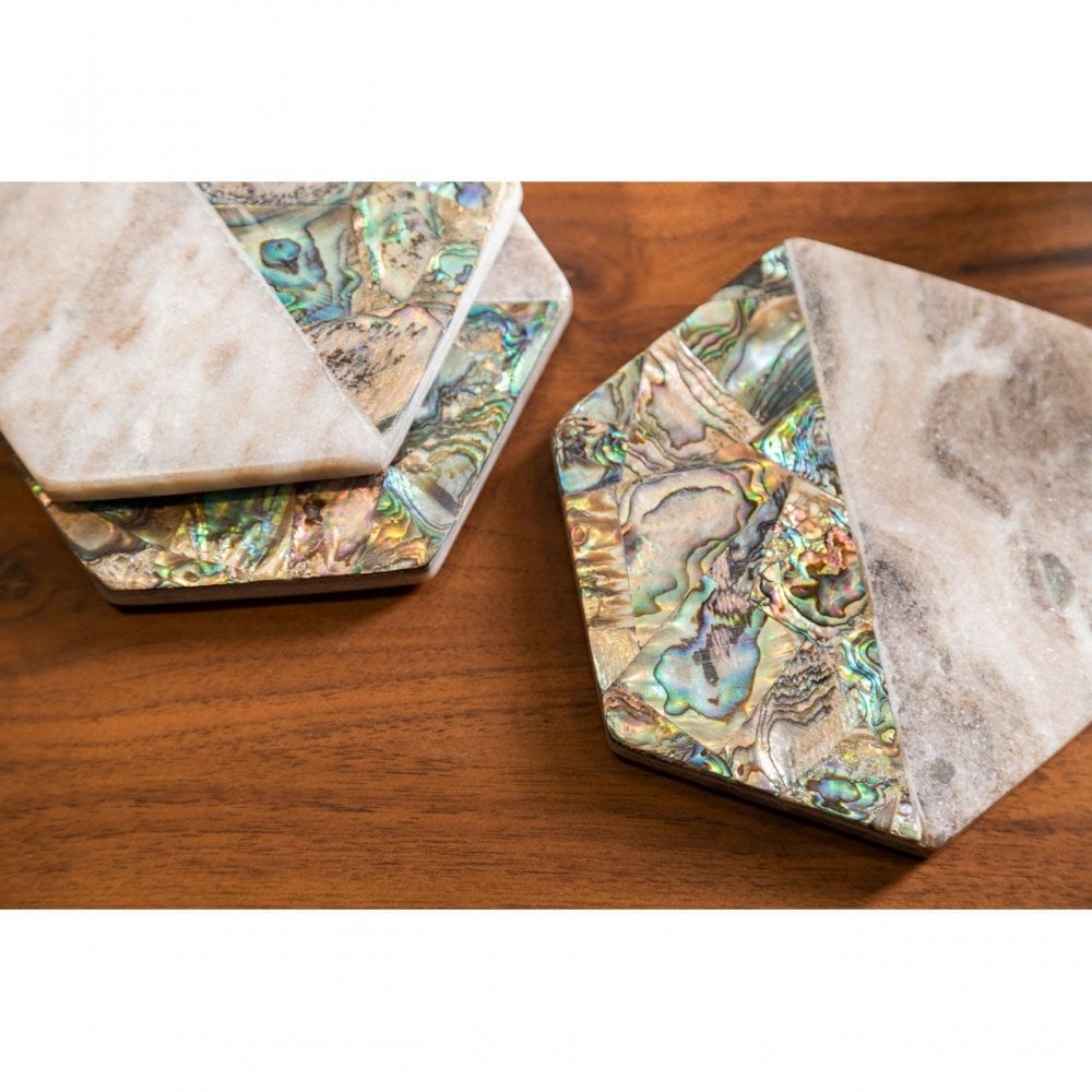 Set Of 4 Beige Marble / Paua Shell Coasters