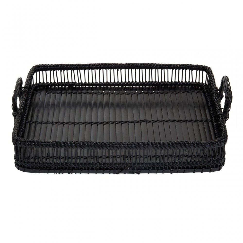 Rectangular Black Rattan And Bamboo Tray
