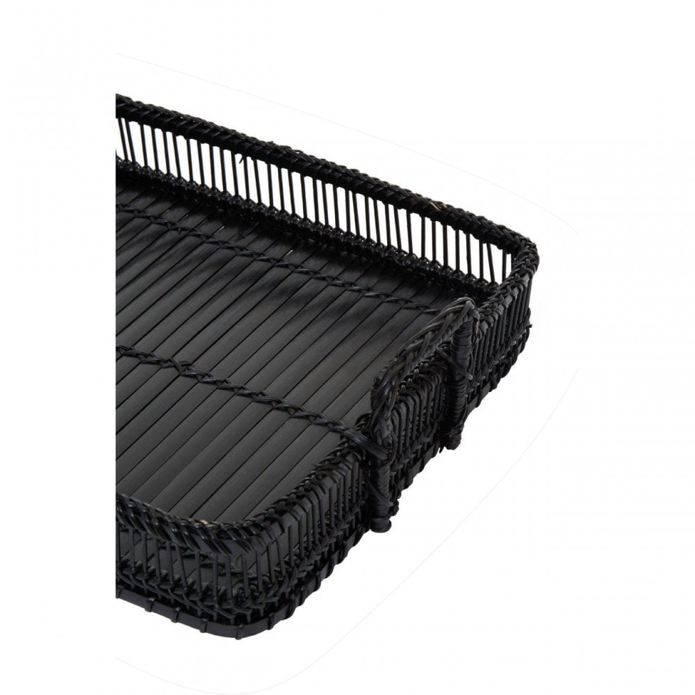 Rectangular Black Rattan And Bamboo Tray