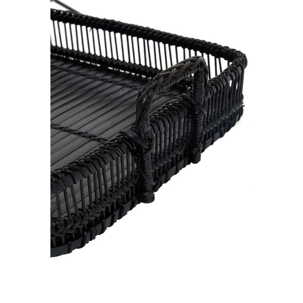 Rectangular Black Rattan And Bamboo Tray