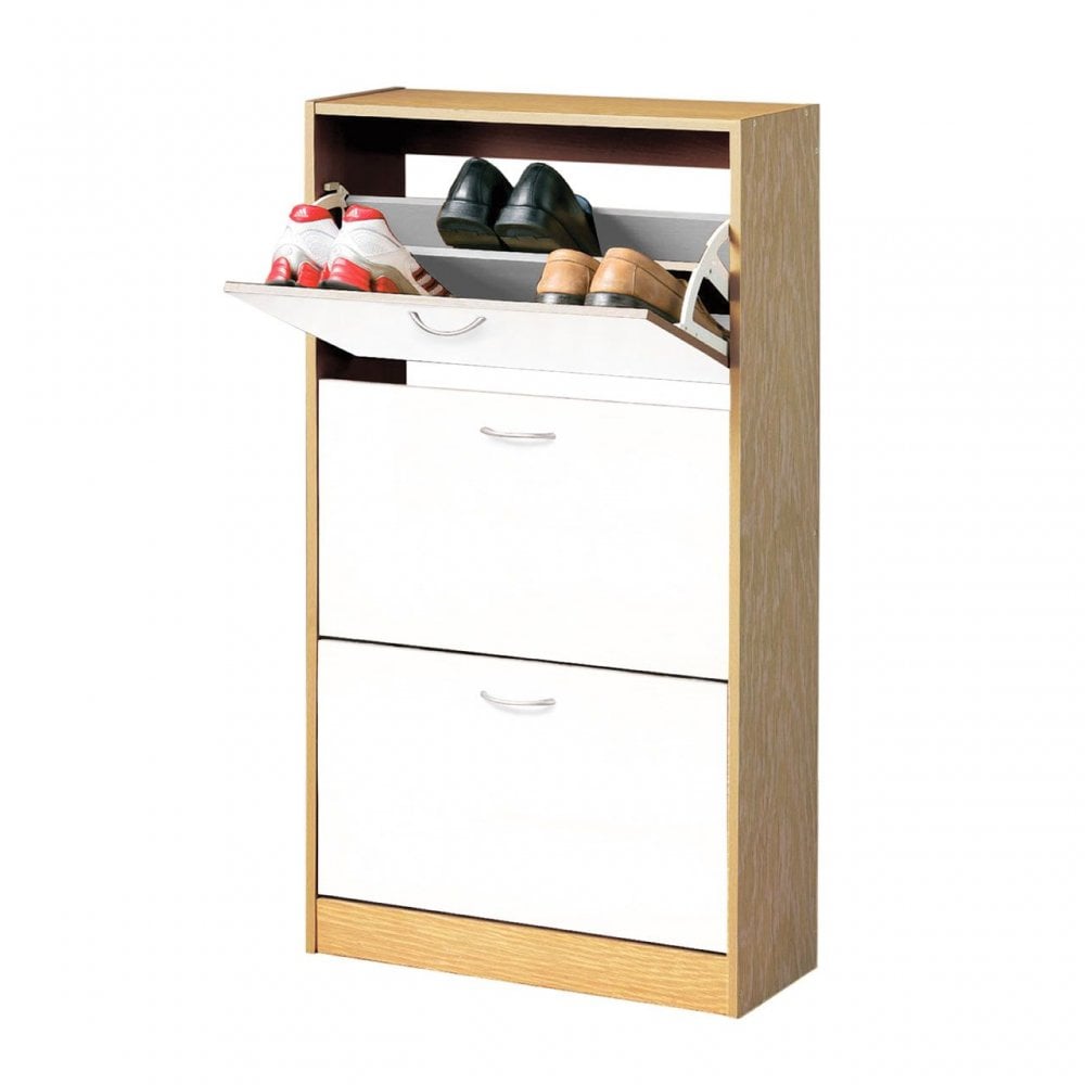 White And Oak Veneer 3 Drawer Shoe Cupboard