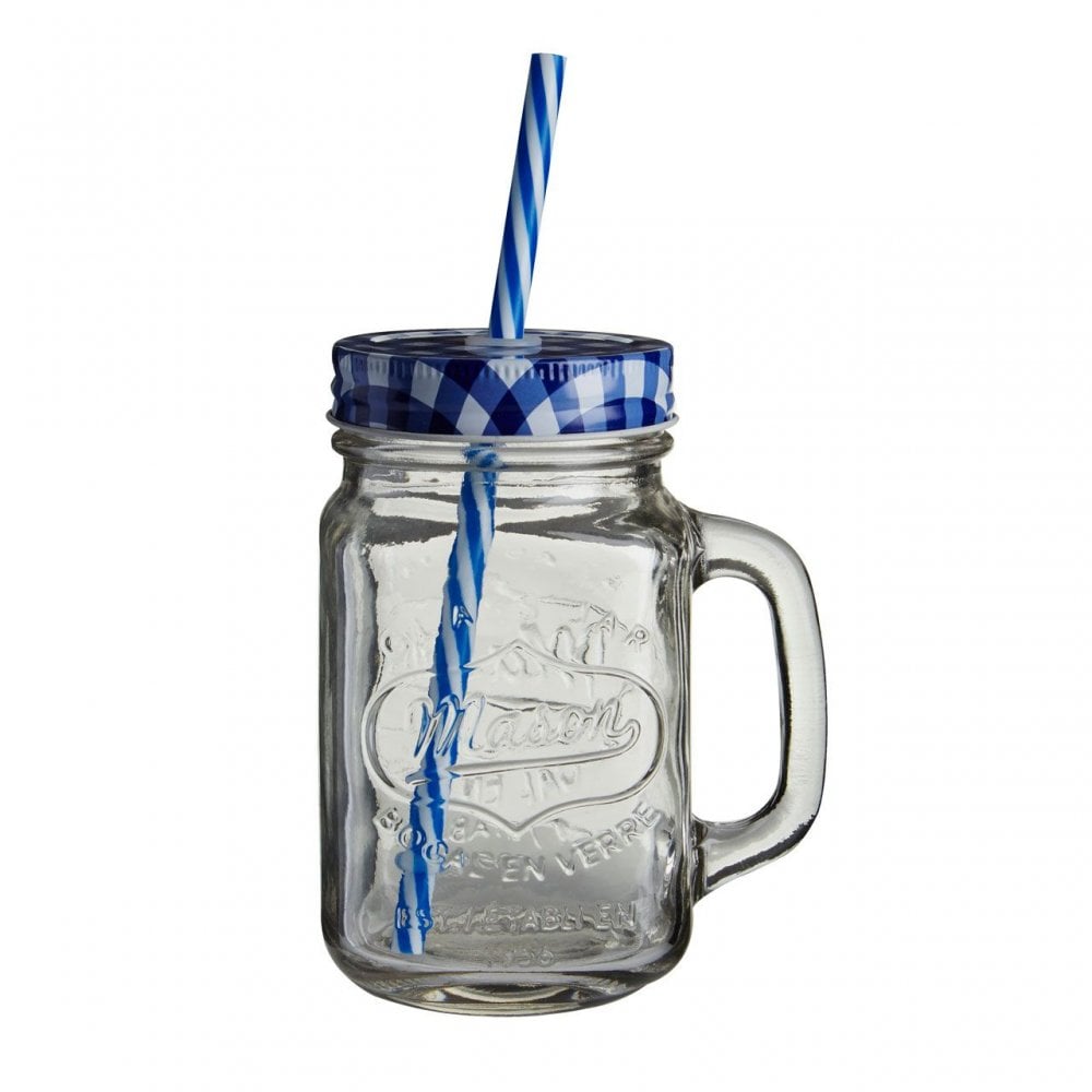 Embossed Mason Jar Mug With Blue Gingham Lid