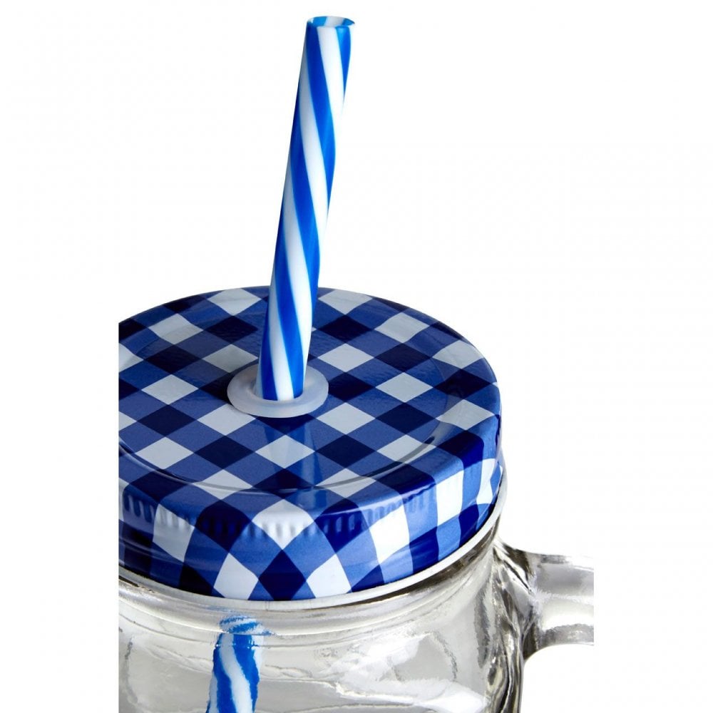 Embossed Mason Jar Mug With Blue Gingham Lid