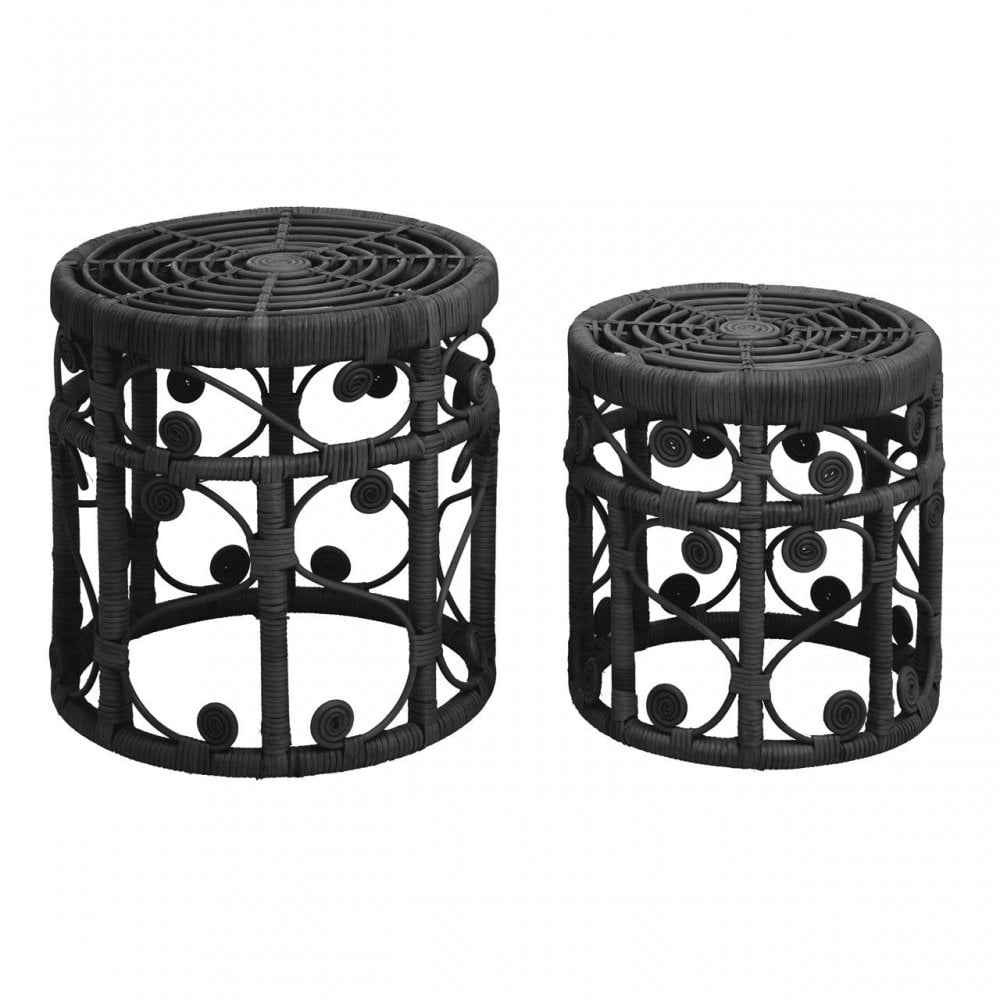 Mataram Set Of Two Black Rattan Stools