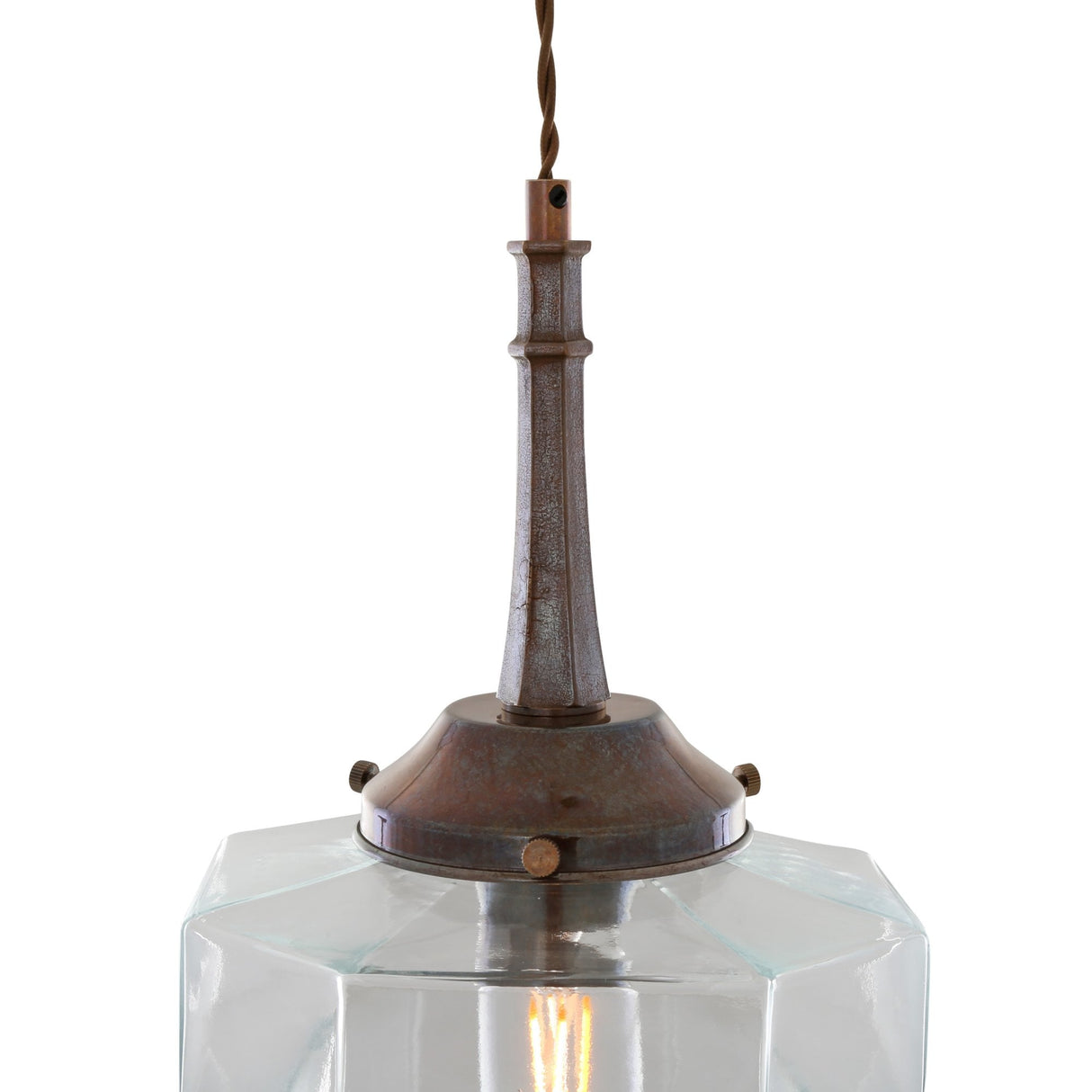 Antique Brass Hexagonal Novato Pendant with Stepped Glass Shade