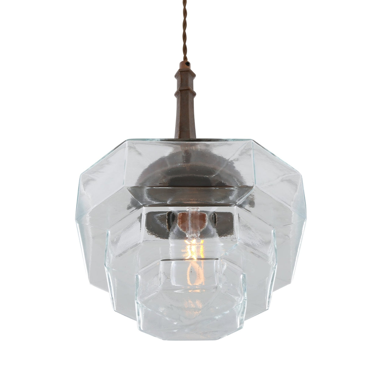 Antique Brass Hexagonal Novato Pendant with Stepped Glass Shade