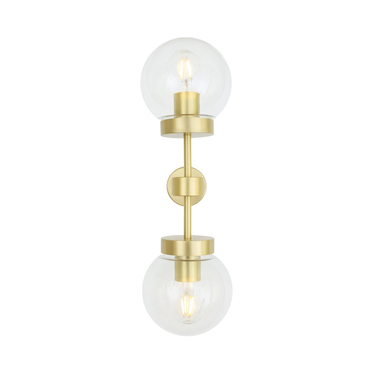 Grange Contemporary Double Wall Light, Antique Brass with Clear Glass Globes