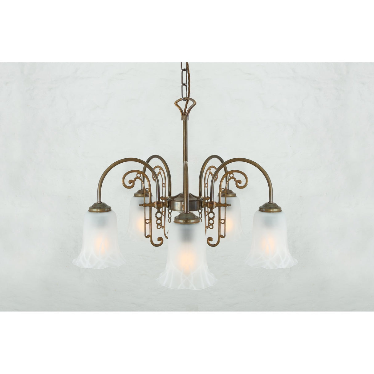Elegant Medan Brass Chandelier with Opal Etched Glass Shades