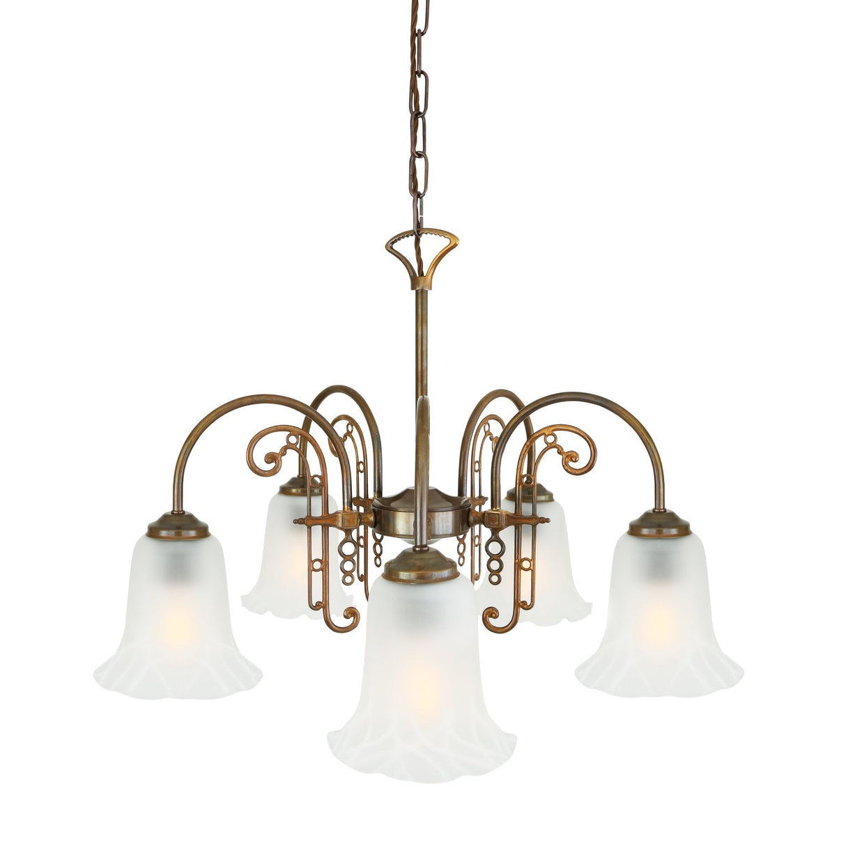 Elegant Medan Brass Chandelier with Opal Etched Glass Shades