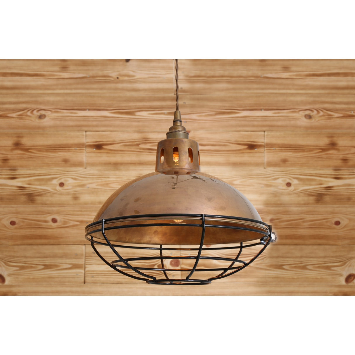 Chester Cage Industrial Pendant Light in Antique Brass Finish