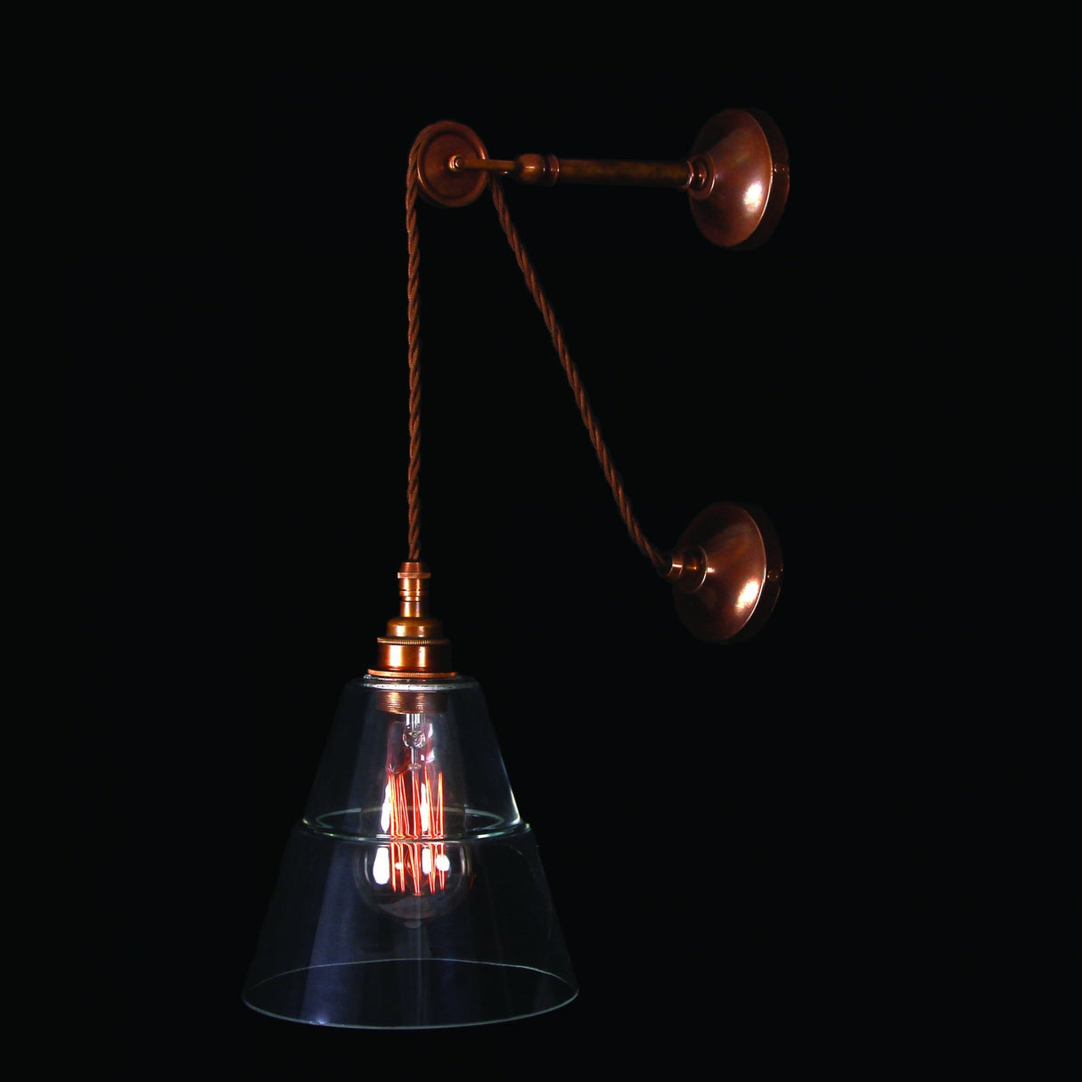 Antique Brass Industrial Pulley Wall Light with Coolie Shade