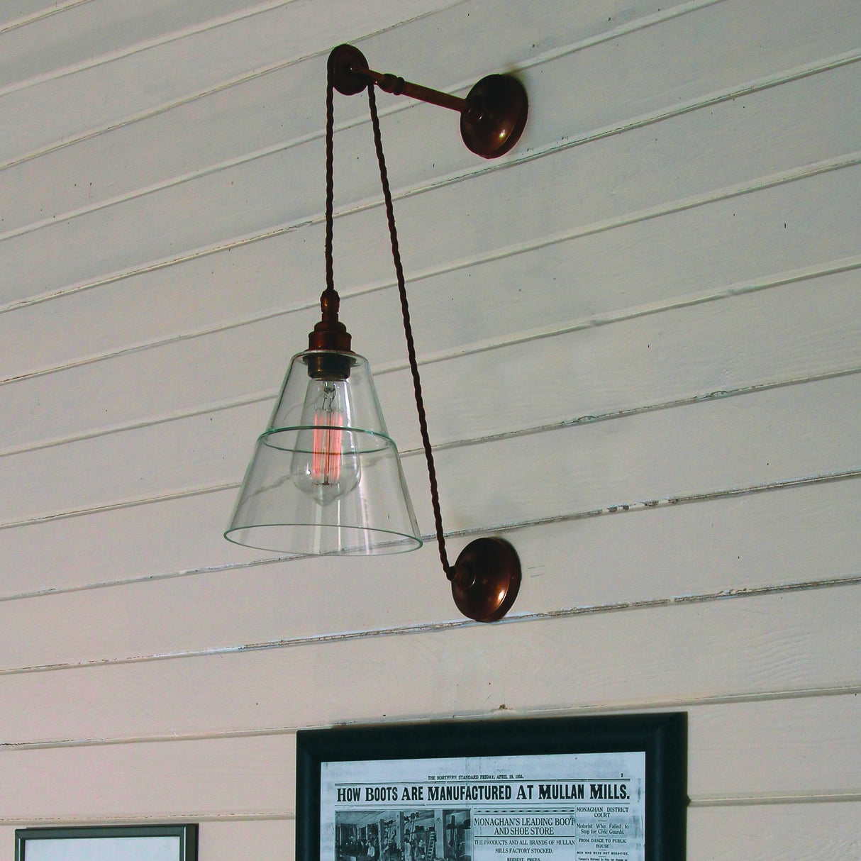 Antique Brass Industrial Pulley Wall Light with Coolie Shade