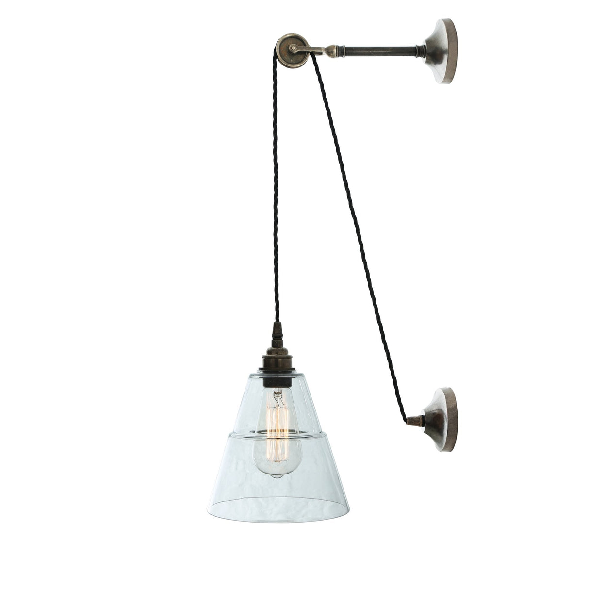Antique Brass Industrial Pulley Wall Light with Coolie Shade