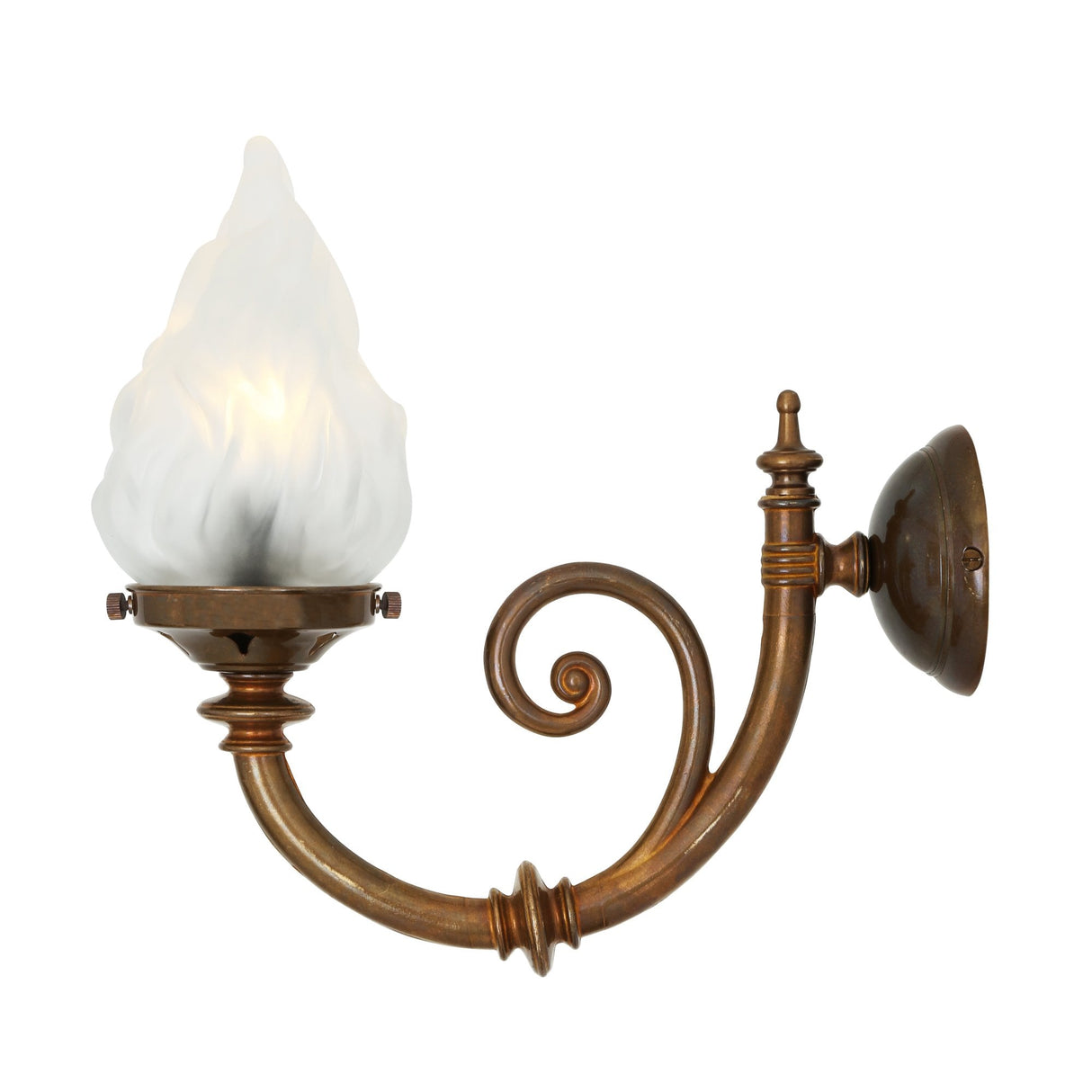 Vintage Brass Wall Sconce with Curved Arm and Flame Glass Shade