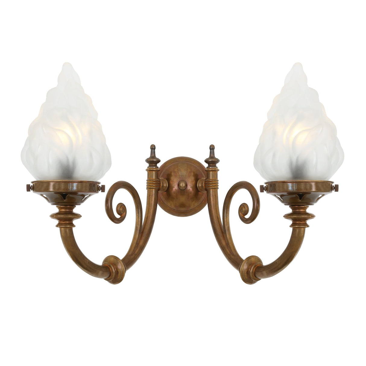 Darwin Antique Brass Double Arm Wall Sconce with Flame Glass Shades