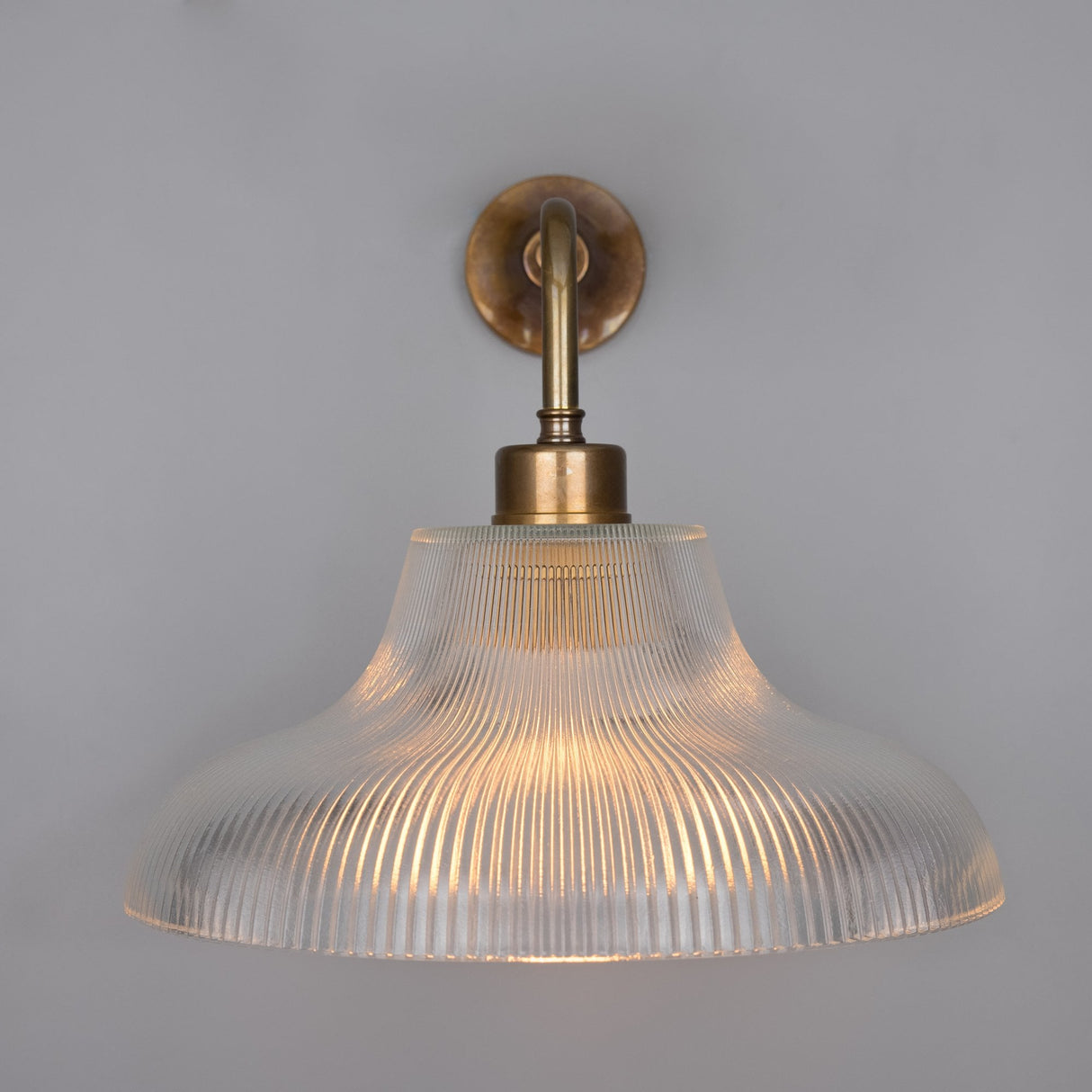 Antique Brass Mono Wall Light with Holophane Shade, 30cm