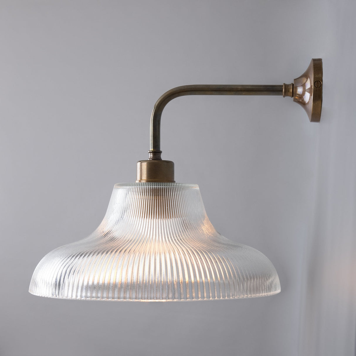 Antique Brass Mono Wall Light with Holophane Shade, 30cm