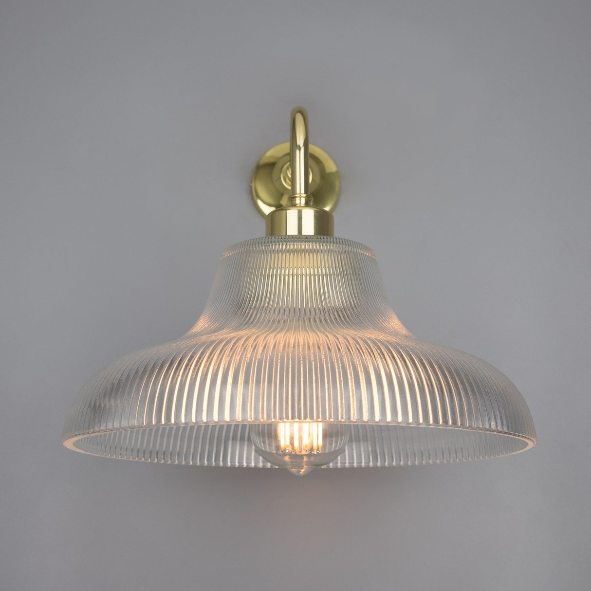 Antique Brass Mono Wall Light with Holophane Shade, 30cm