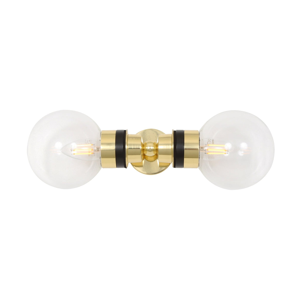 Elegant Dual-Globe Brass Wall Light with Clear Glass Shades