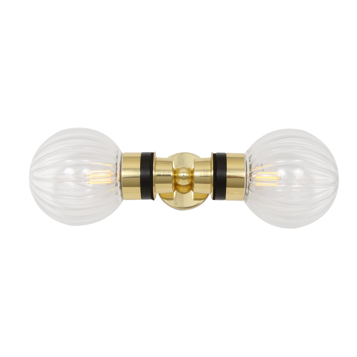 Elegant Dual-Globe Brass Wall Light with Clear Glass Shades