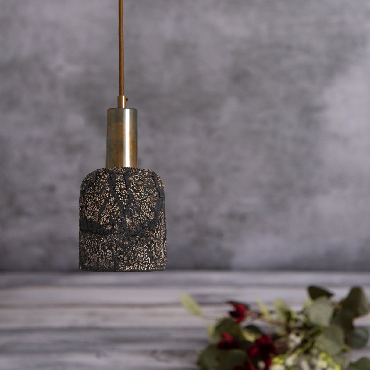 Osier Pendant - Distressed Black Clay & Antique Brass Artisanal Light