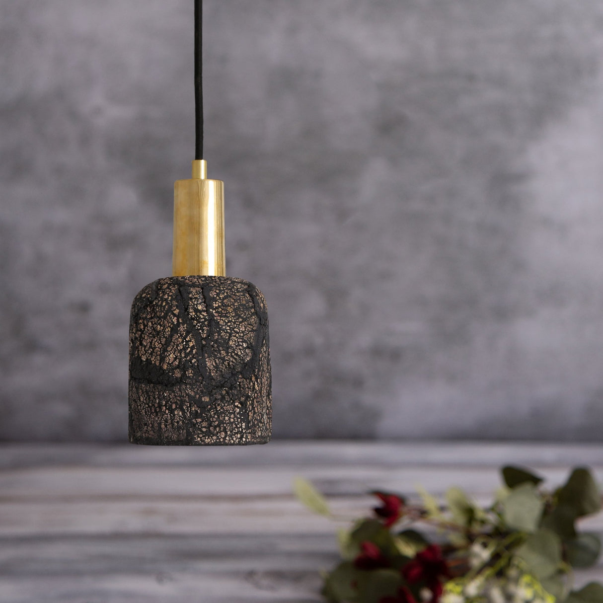 Osier Pendant - Distressed Black Clay & Antique Brass Artisanal Light