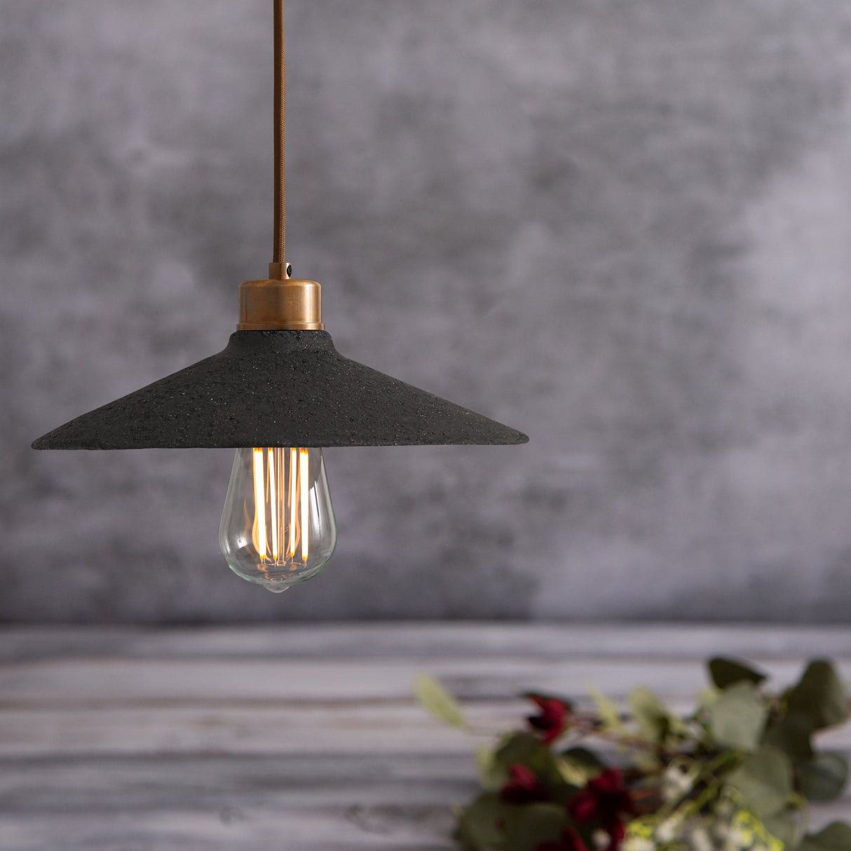 Pyrus Black Clay Pendant with Antique Brass Accents