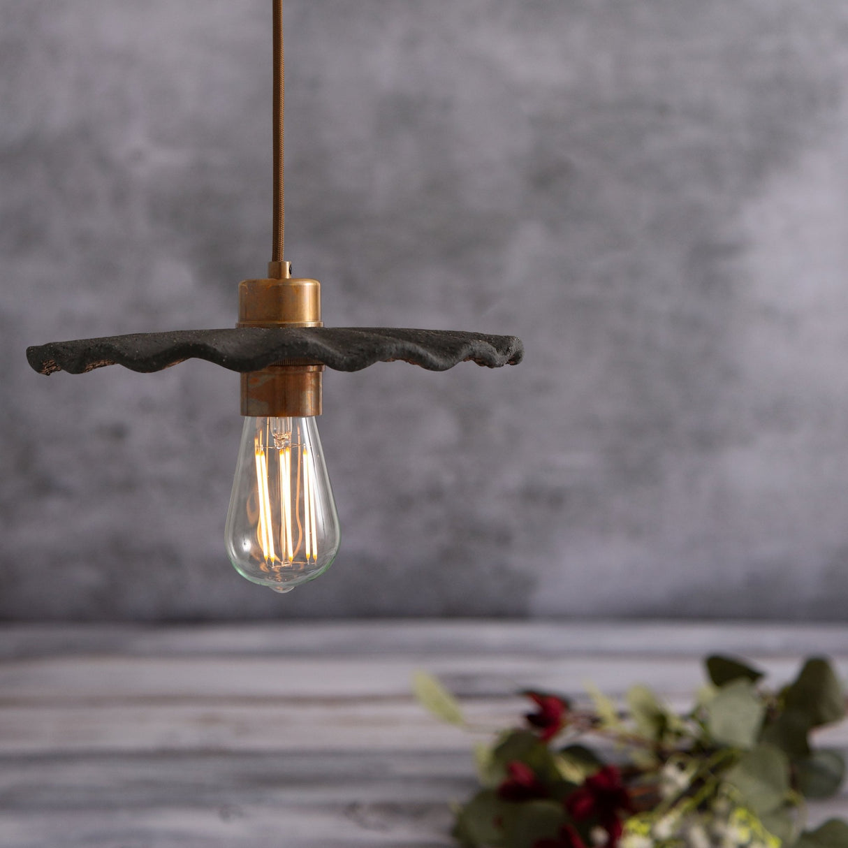 Kapok Pendant Light - Black Clay with Antique Brass Finish
