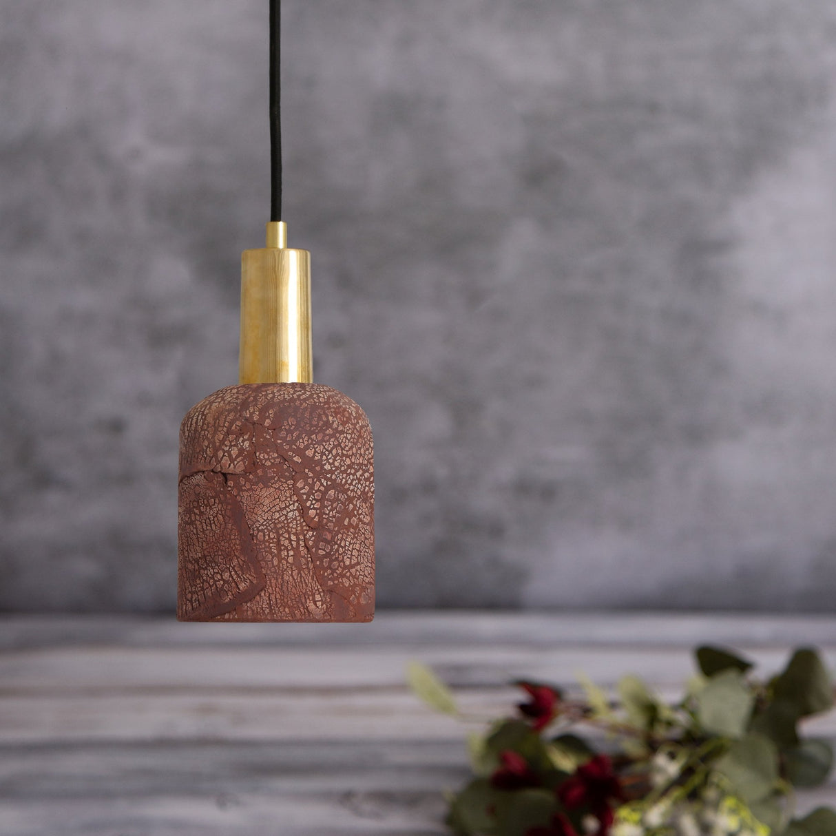 Rustic Ruby Ceramic Pendant Light - Red Iron & Antique Brass
