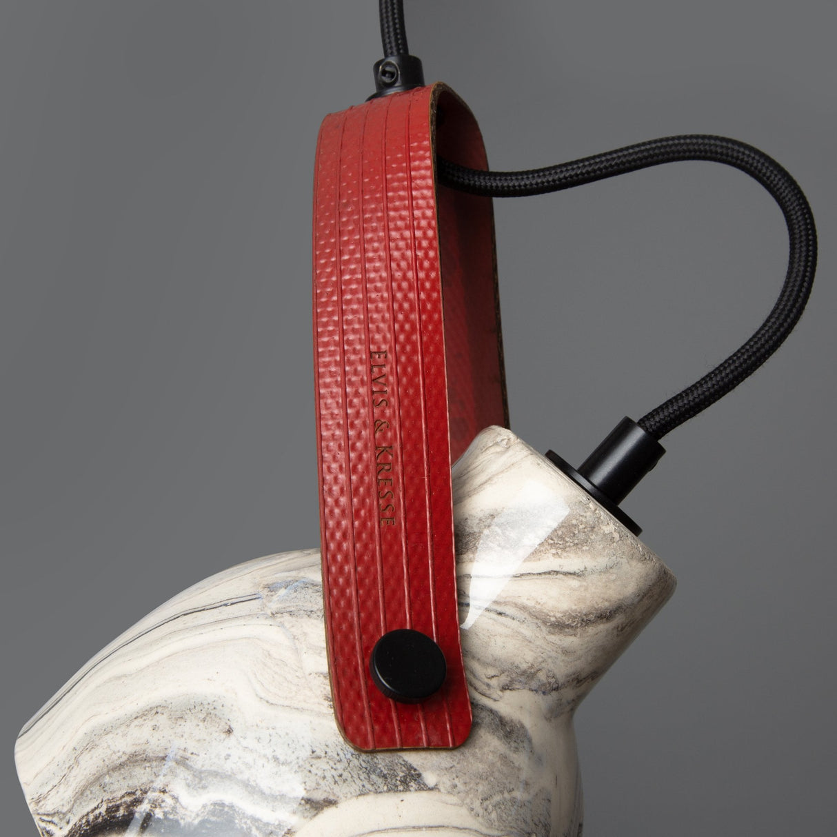 Pera Marbled Pendant with Antique Brass and Red Recycled Firehose Strap