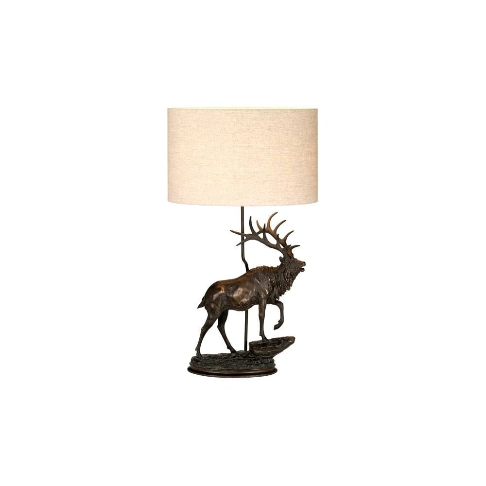 Bronze Patina Stag Table Lamp with Natural Hessian Oval Shade