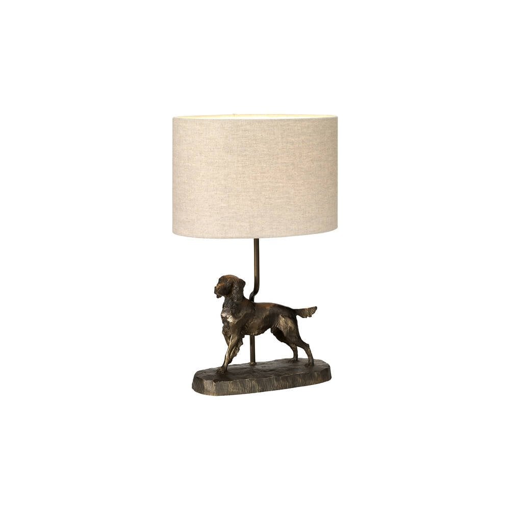 Rufus Bronze Patina Dog Table Lamp with Natural Hessian Oval Shade