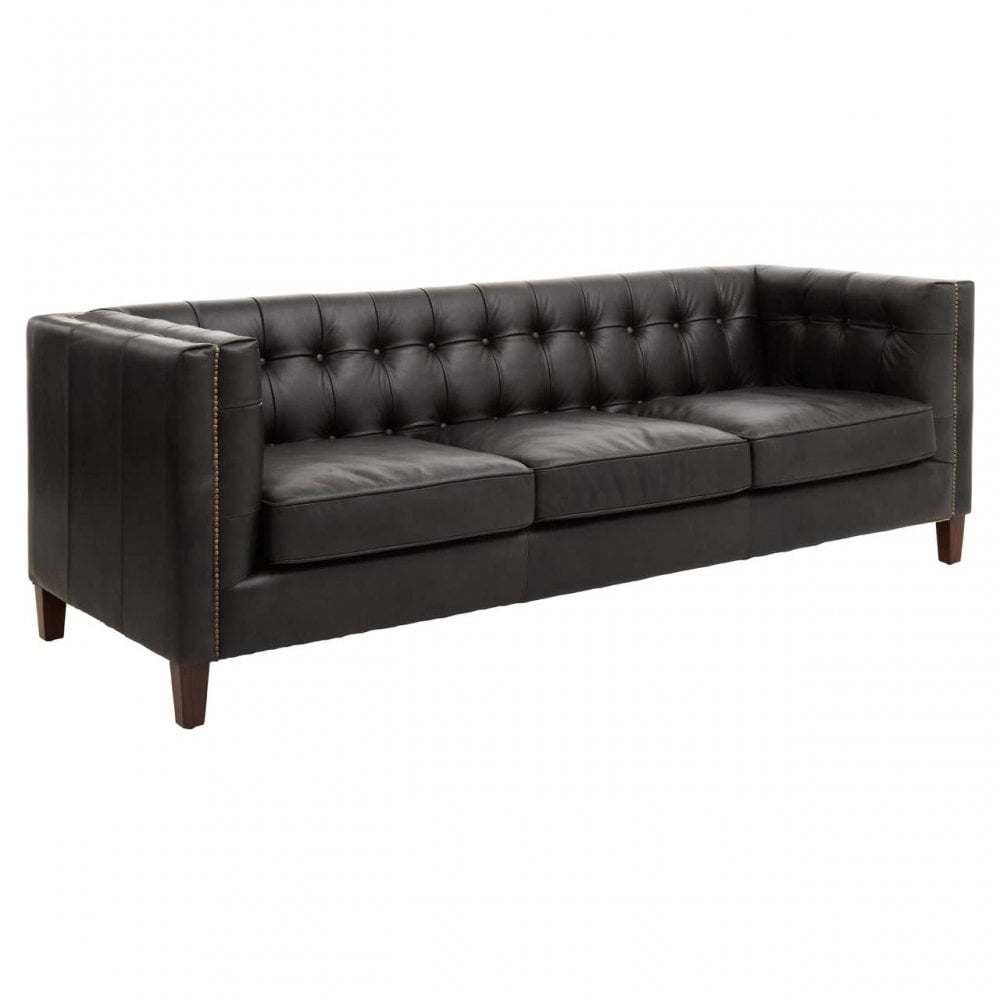 King Three Seat Antique Ebony Leather Sofa