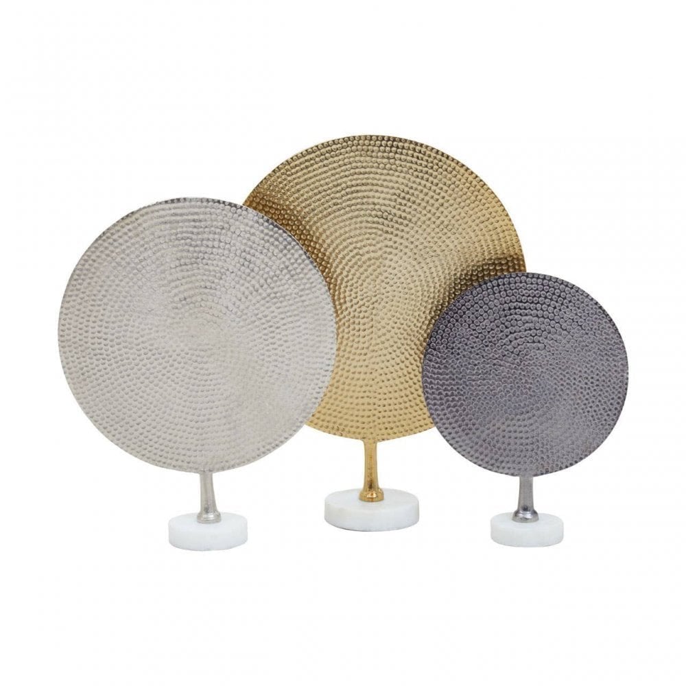Elias Set Of Three Gold Silver And Black Hammered Metal Sculptures