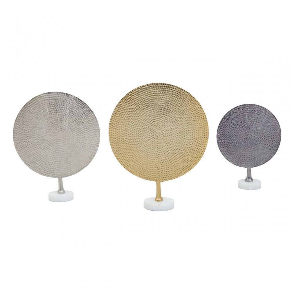 Elias Set Of Three Gold Silver And Black Hammered Metal Sculptures