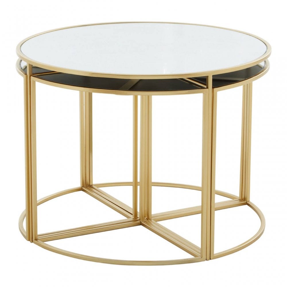 Jolie Five Peice Nesting Tables Set With Mirrored Top And Gold Frames