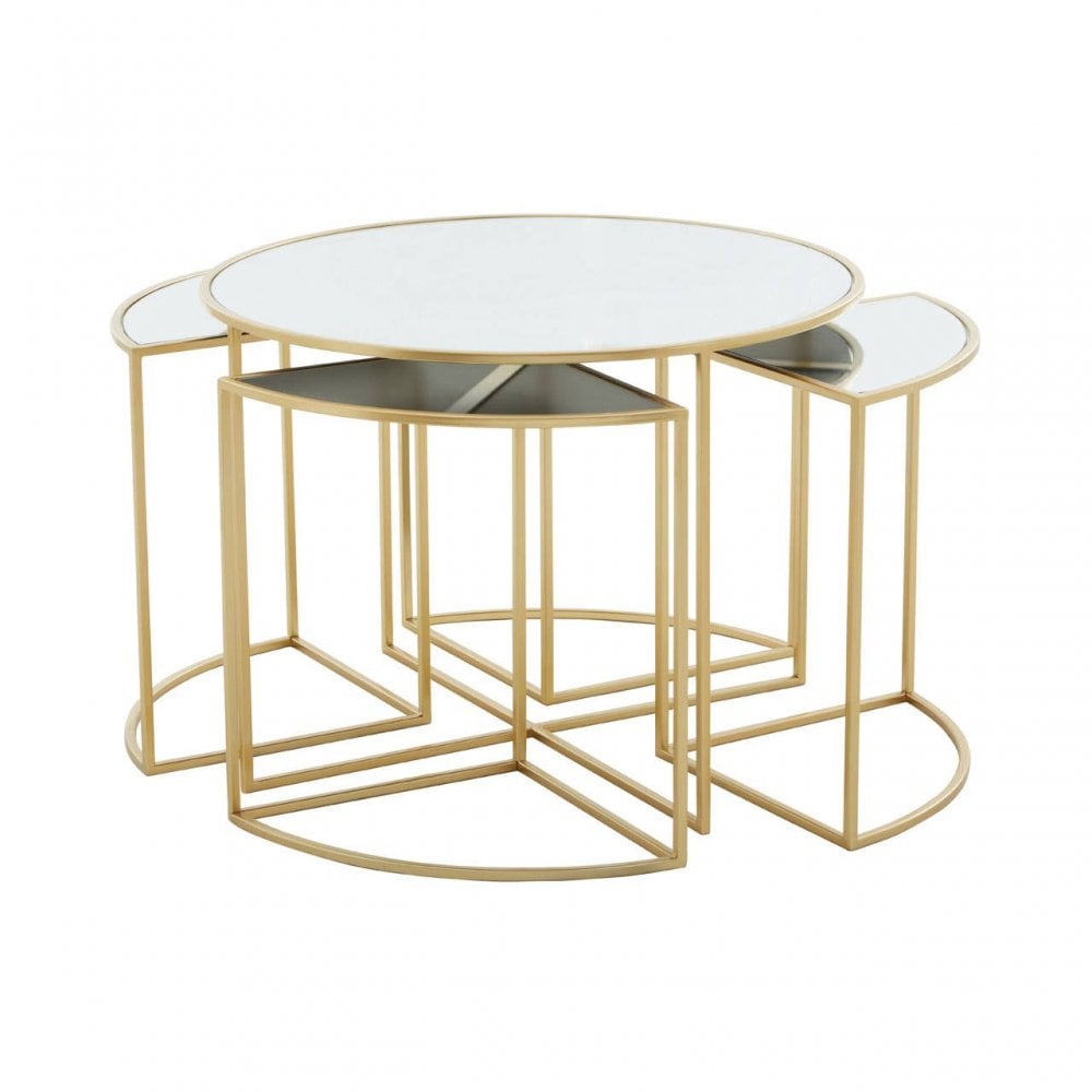 Jolie Five Peice Nesting Tables Set With Mirrored Top And Gold Frames