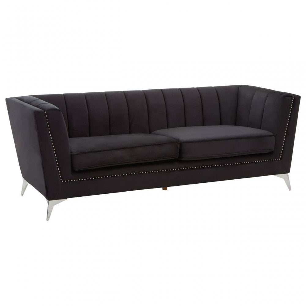 Hansa Three Seat Black Velvet Sofa