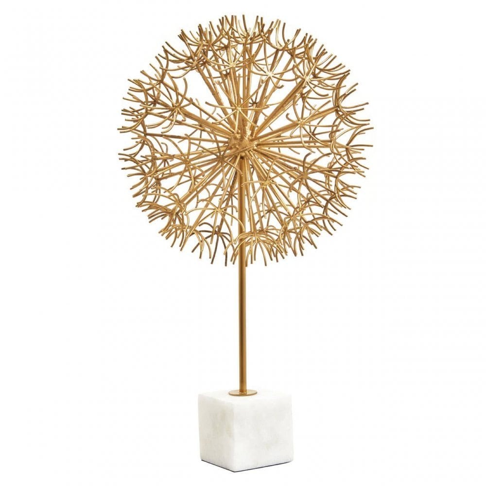 Evra Gold Dandelion Sculpture On White Marble Base