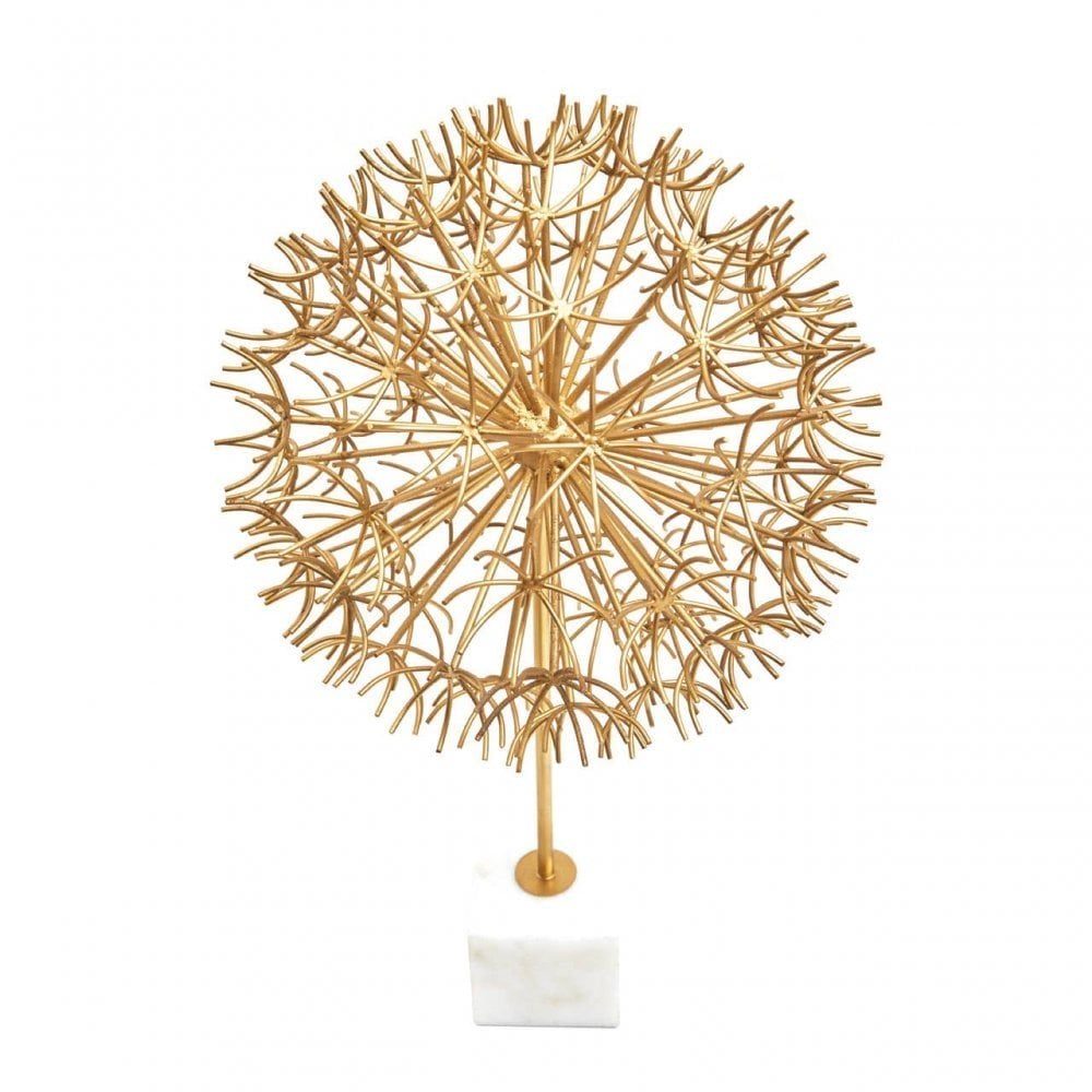 Evra Gold Dandelion Sculpture On White Marble Base