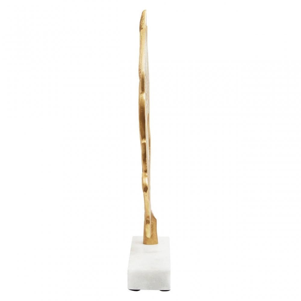 Evra Gold Peacock Feather Sculpture On White Marble Base