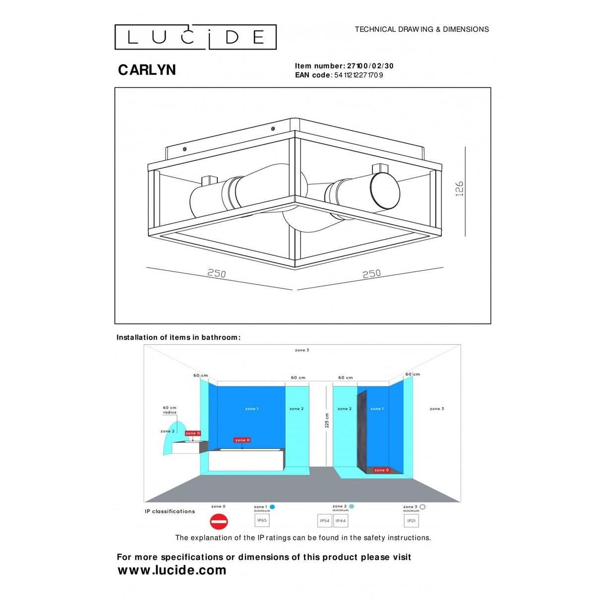 Lucide CARLYN - Modern Black Ceiling Light for Bathroom - 2xE14 - IP54