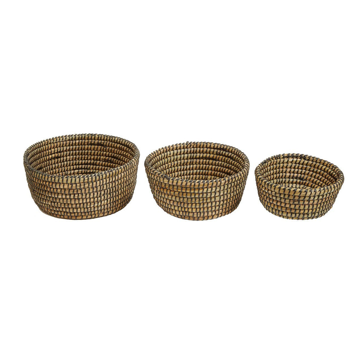 Set Of Three Straw Baskets With Black Detail