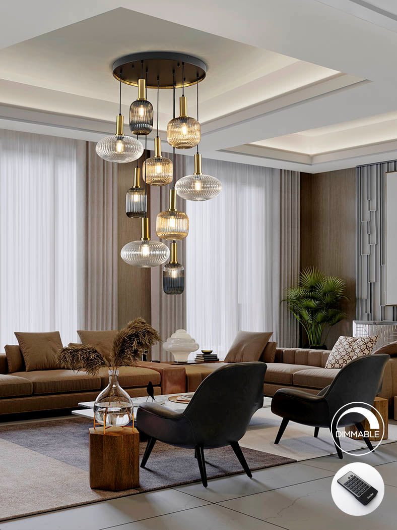 Elegant Black & Brass 9-Light Dimmable Pendant Lamp
