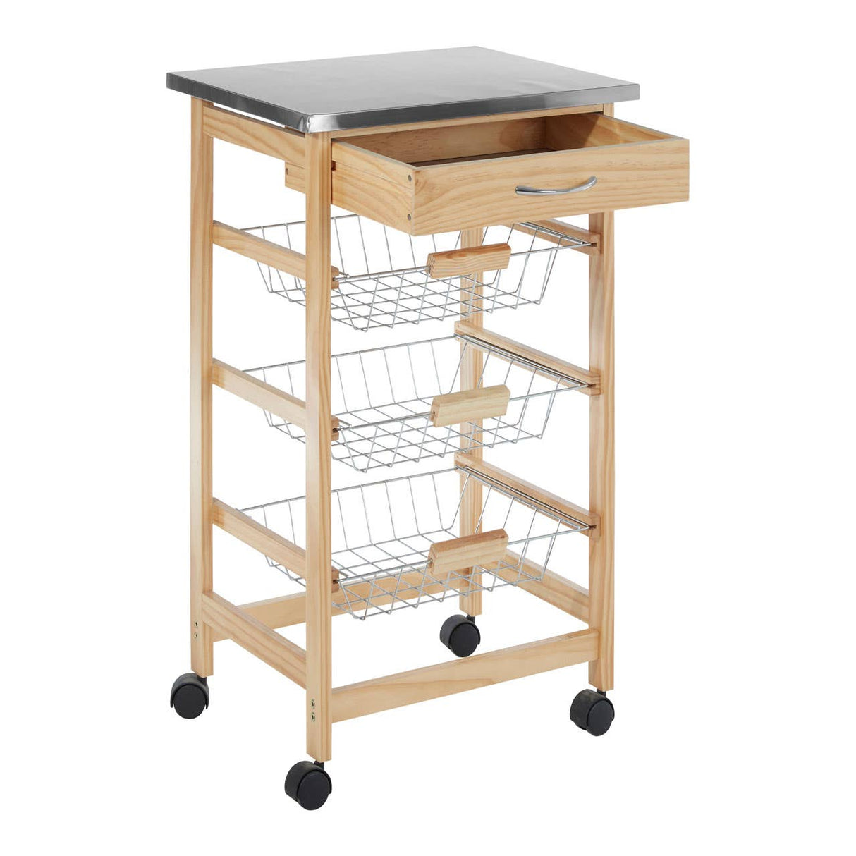 3 Wire Baskets Pinewood Kitchen Trolley