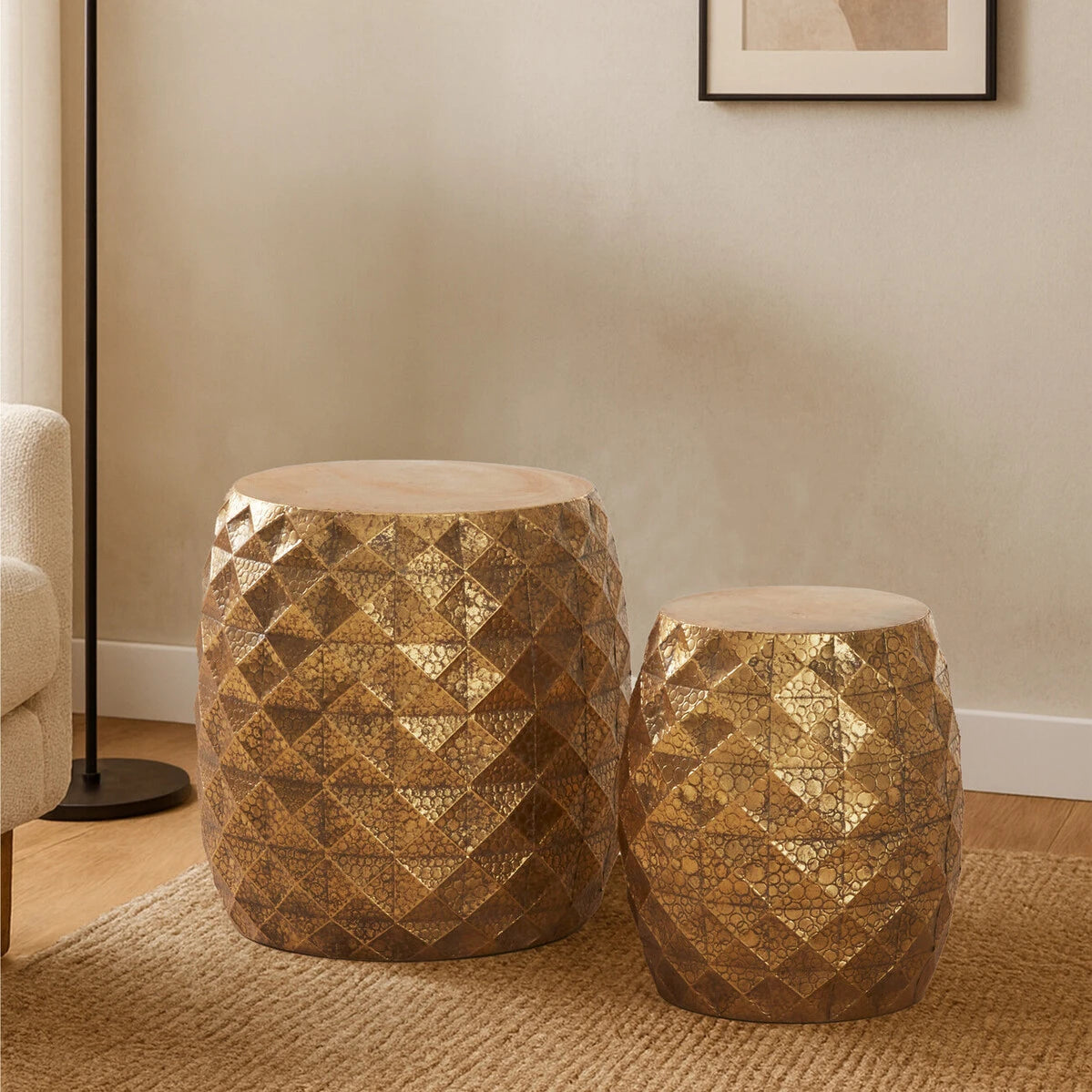 Reza Set of 2 Antique Gold Finish Textured Stools and Tables
