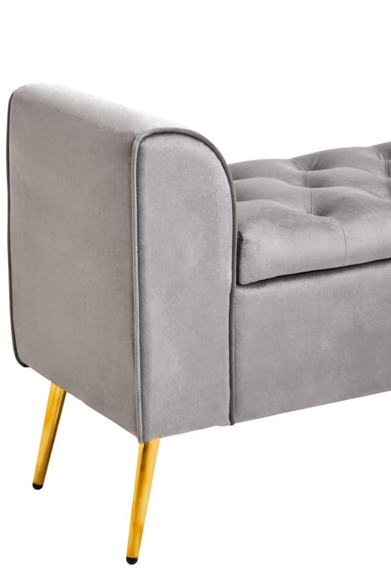 Loretta Grey Velvet Storage Bench With Gold Finish Legs